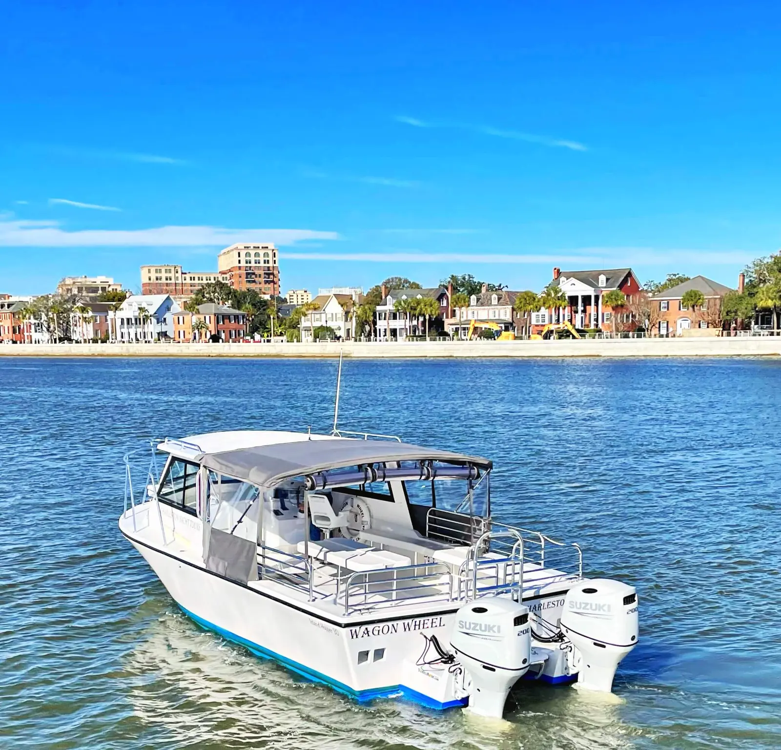 Bachelorette party group cheering aboard a Charleston charter boat with historic homes behind them