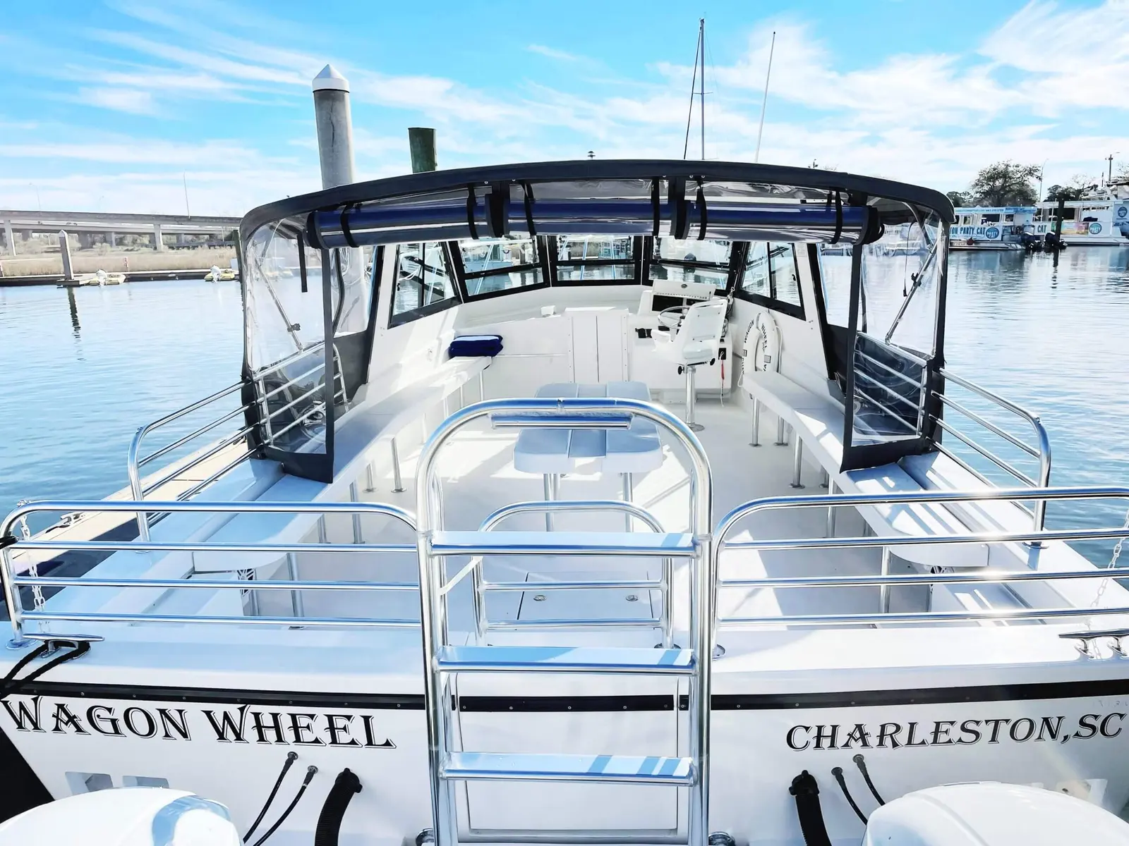 Empty bow deck of the Wagon Wheel charter boat ready for guests